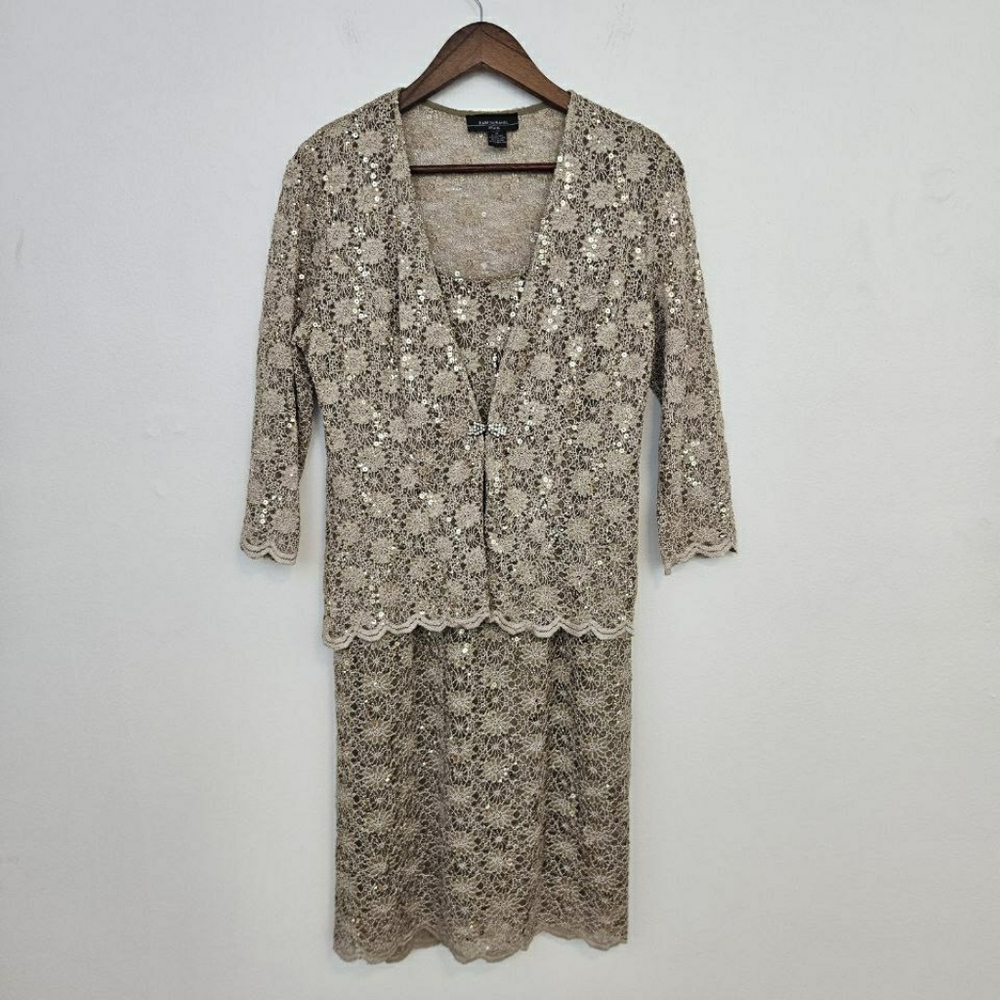R&M Richards Gold Lace Sequin Dress 10P